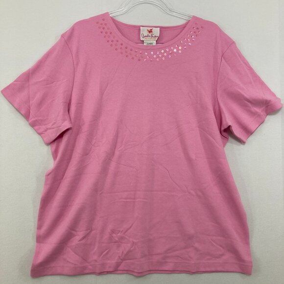Vintage Quacker Factory size XL Pink Sequins Crew Neck Short Sleeve Blouse - Picture 1 of 9